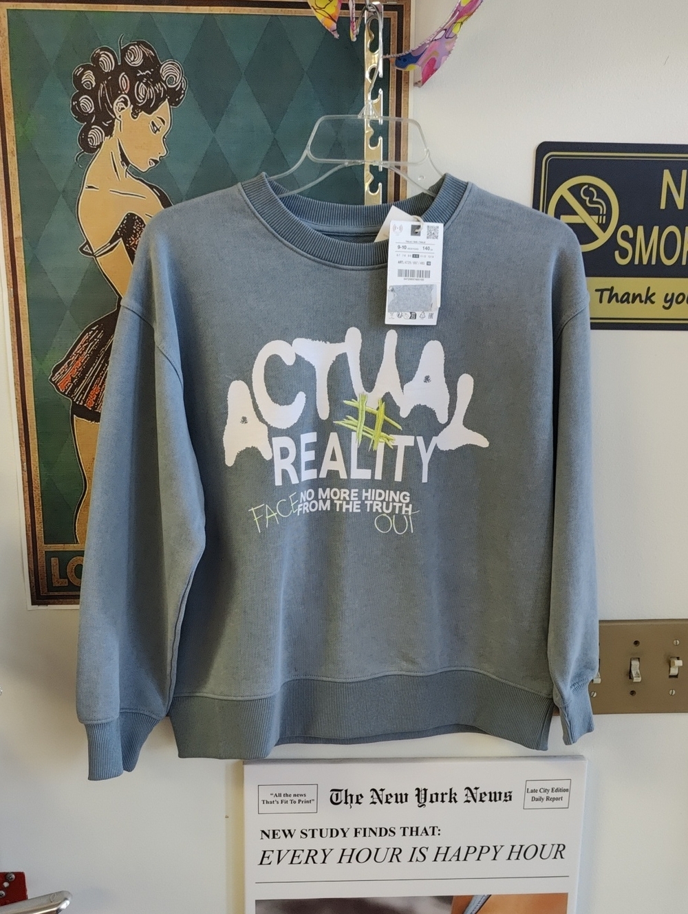 Zara Blue Graphic Crewneck Sweatshirt with White & Neon Accent